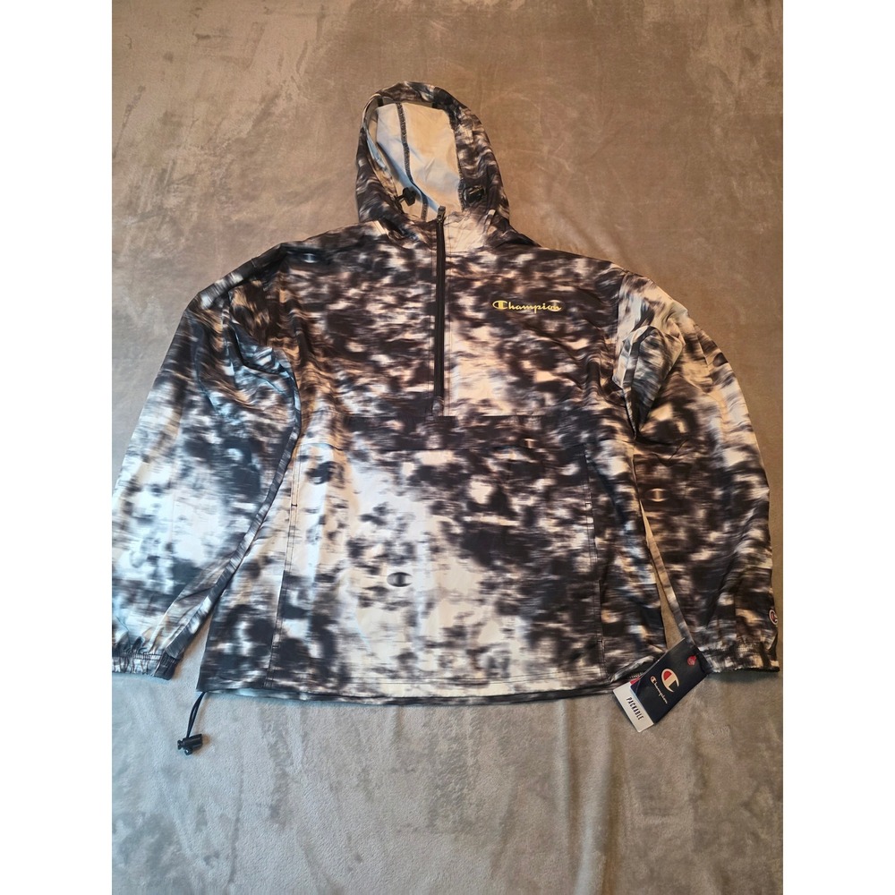 Champion Packable Windbreaker Mens M Black White Tie Die Anorak Zip NWT Hooded